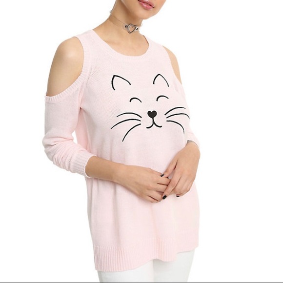 Hot Topic Sweaters - Hot Topic Pink Cat Cold Shoulder Sweater